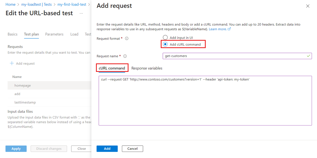 Screenshot that shows the details page to add an HTTP request by using a cURL command in the Azure portal.