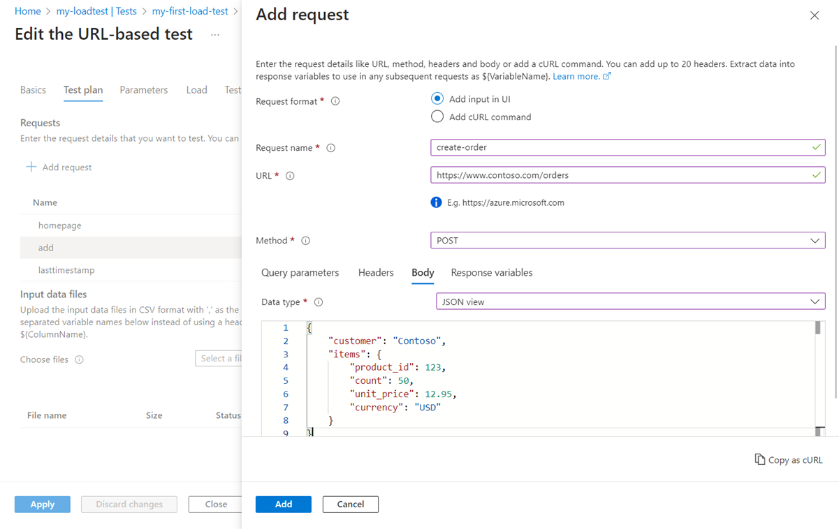 Screenshot that shows the details page to add an HTTP request by using UI fields in the Azure portal.