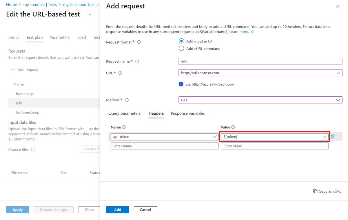 Screenshot that shows the request details page in the Azure portal, highlighting a variable reference in an HTTP header.