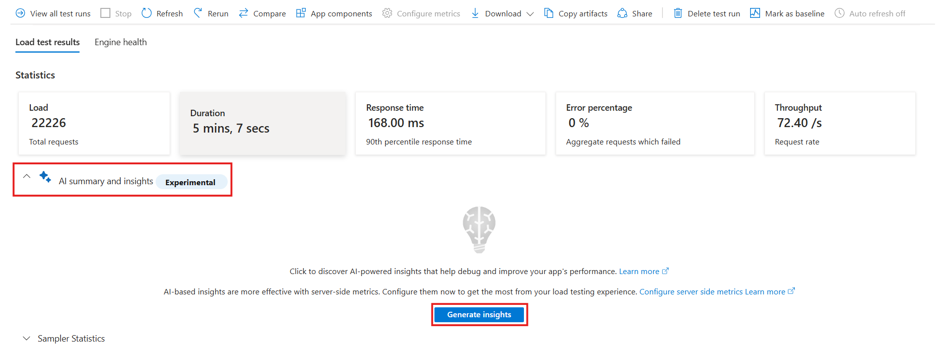 Screenshot that shows the 'Generate insights' action for a test run.
