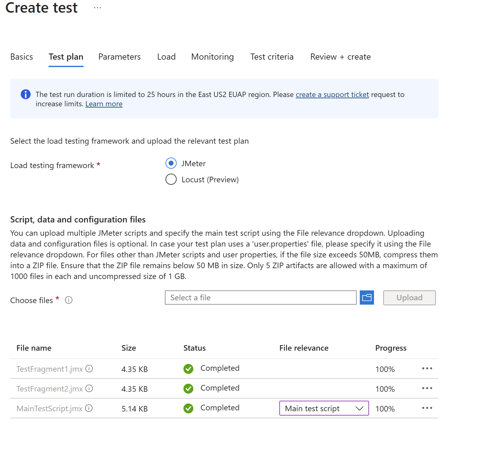 Screenshot that shows the Test plan tab.