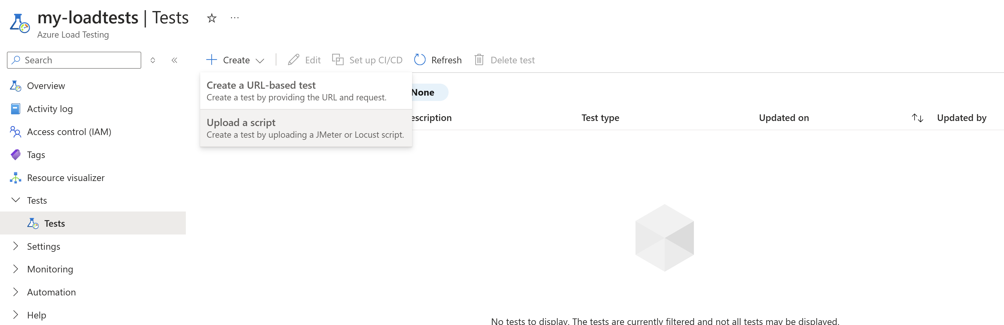 Screenshot that shows the Azure Load Testing page and the button for creating a new test.