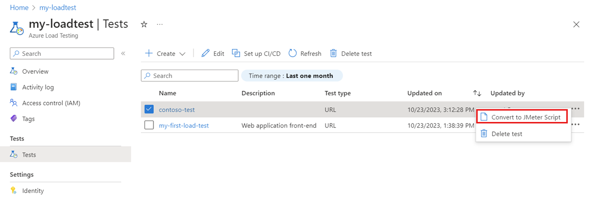 Screenshot that shows the list of tests in the Azure portal, highlighting the menu option to convert the test to a JMeter-based test.