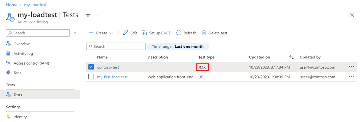 Screenshot that shows the list of tests in the Azure portal, highlighting the test type changed to JMX for the converted test.
