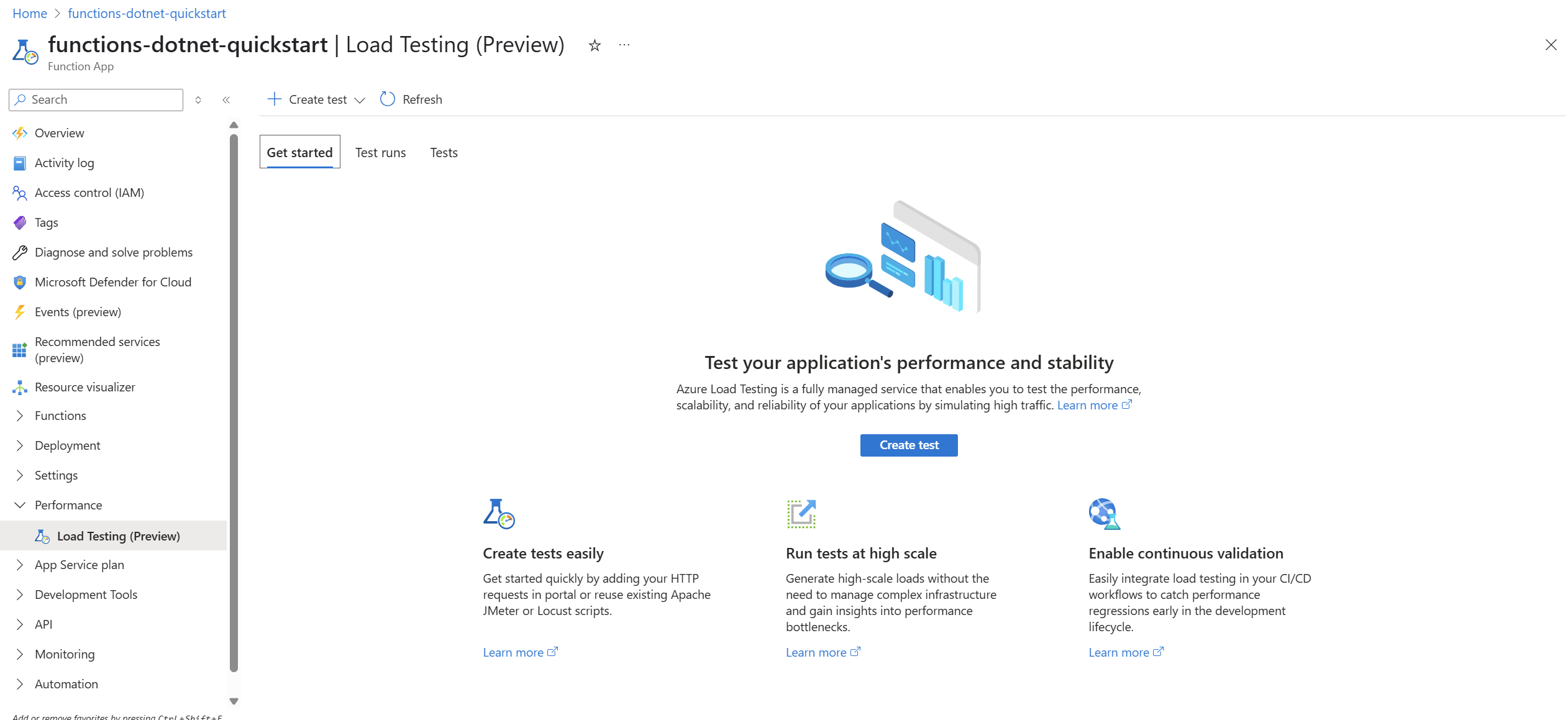 Screenshot that shows Load Testing page in an app in Azure Functions.