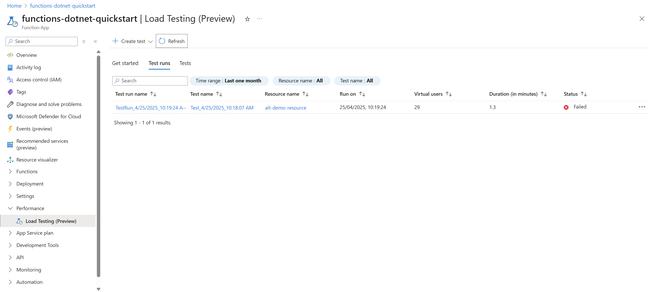 Screenshot that shows the test runs list for an app in Azure Functions.