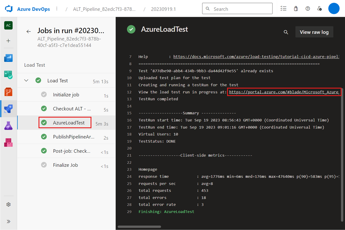 Screenshot that shows the Azure Pipelines run log, displaying the load testing metrics and Azure portal link.