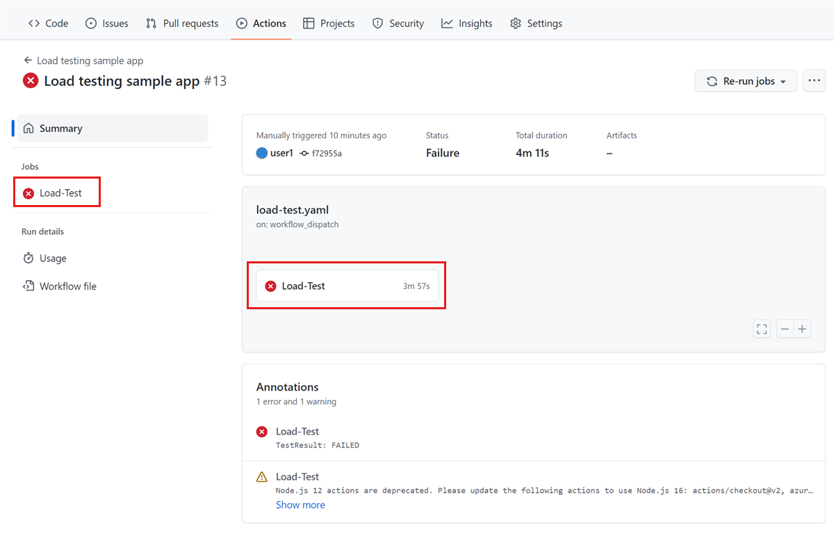 Screenshot that shows the summary page for an Azure Pipelines run, highlighting the failed load test stage.