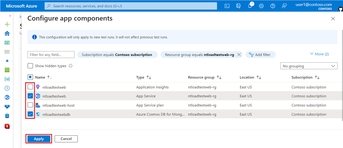 Screenshot that shows how to add or remove app components from a load test configuration.