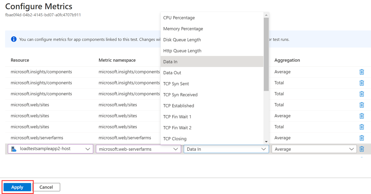 Screenshot that shows a list of resource metrics to configure for a load test.