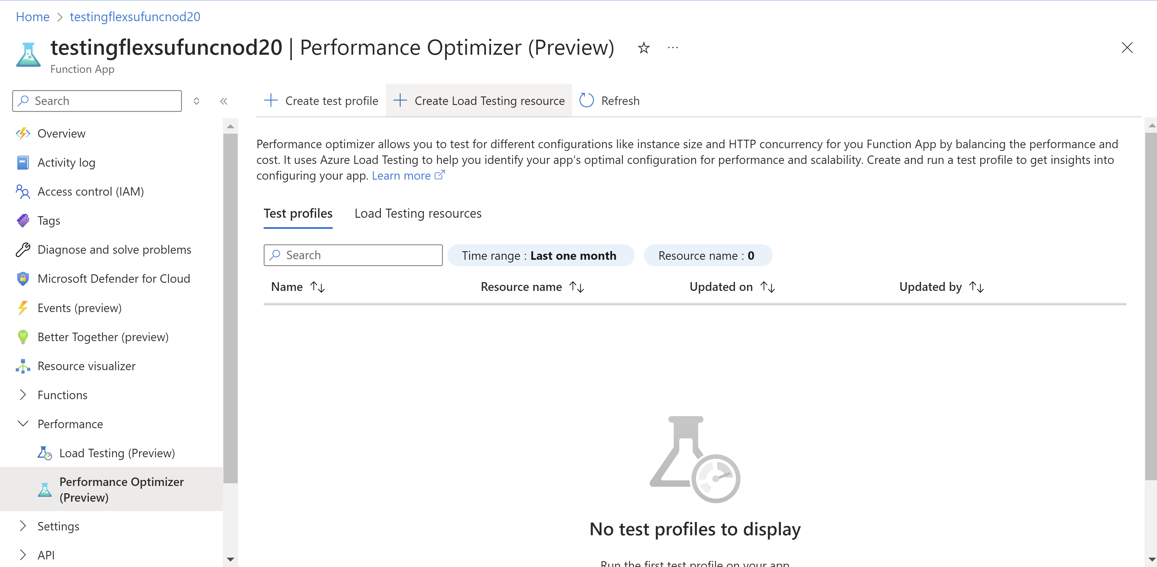 Screenshot that the performance optimizer page in the Azure portal.