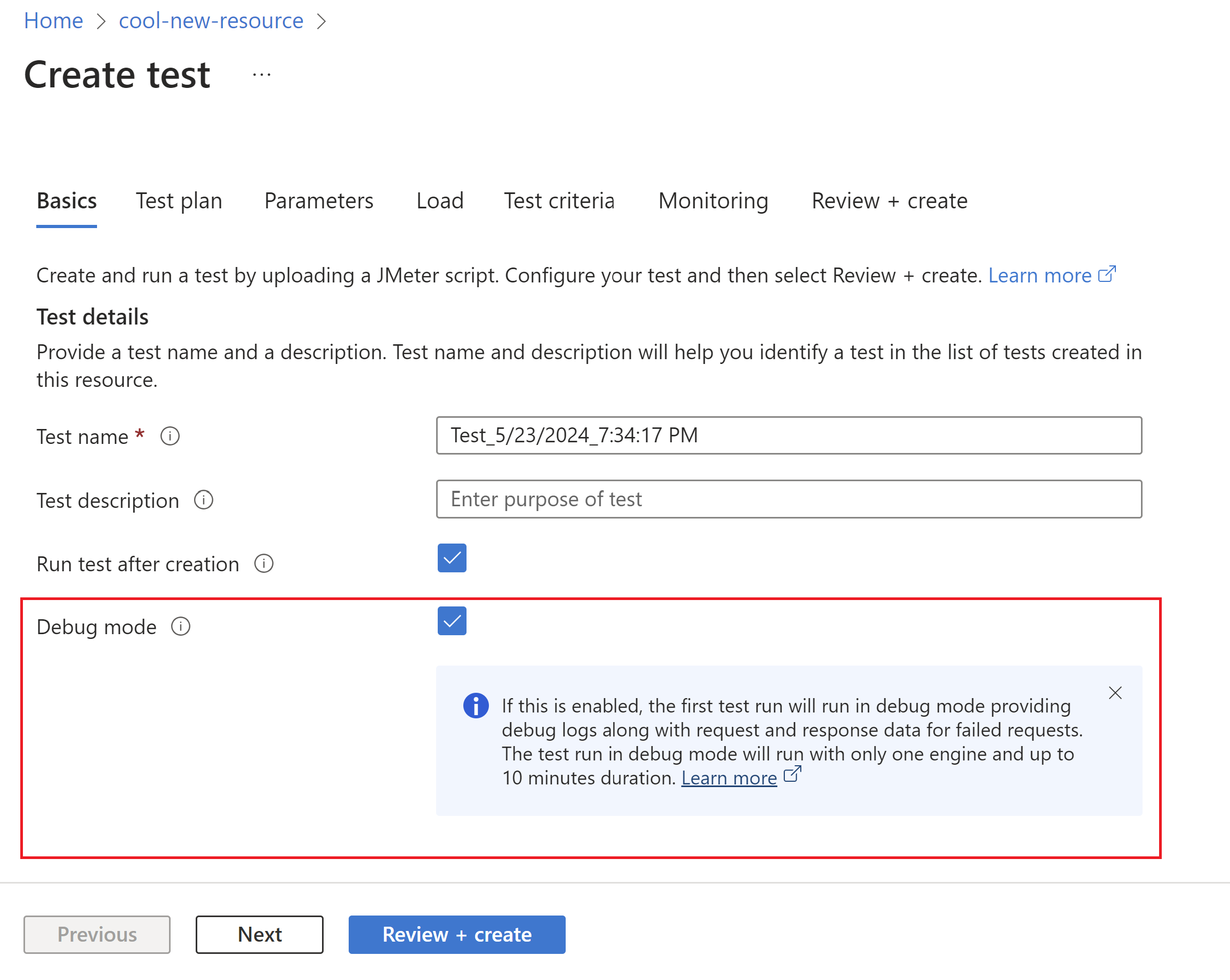 Screenshot that shows creating a test in debug mode.