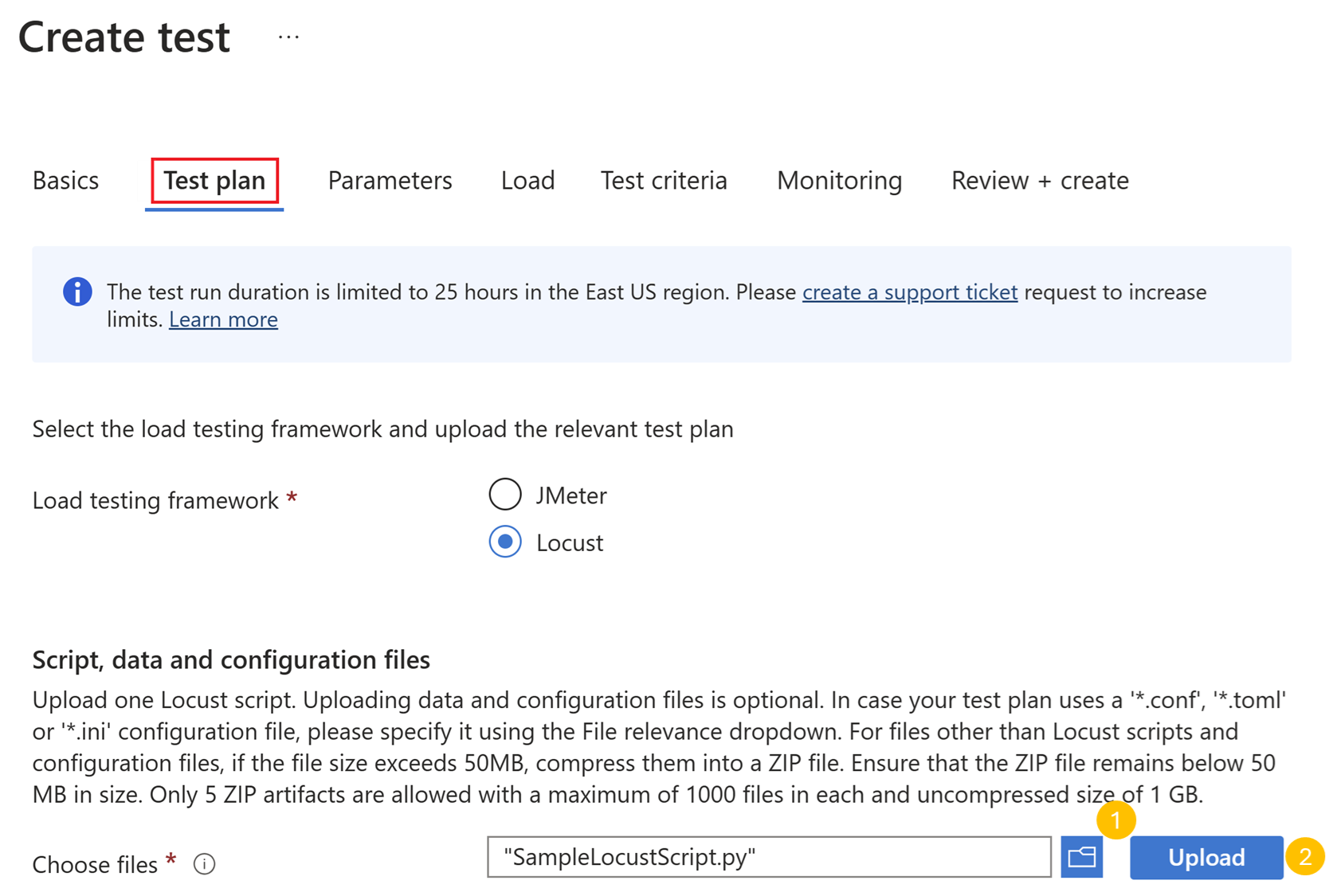Screenshot that shows the button for uploading test artifacts.