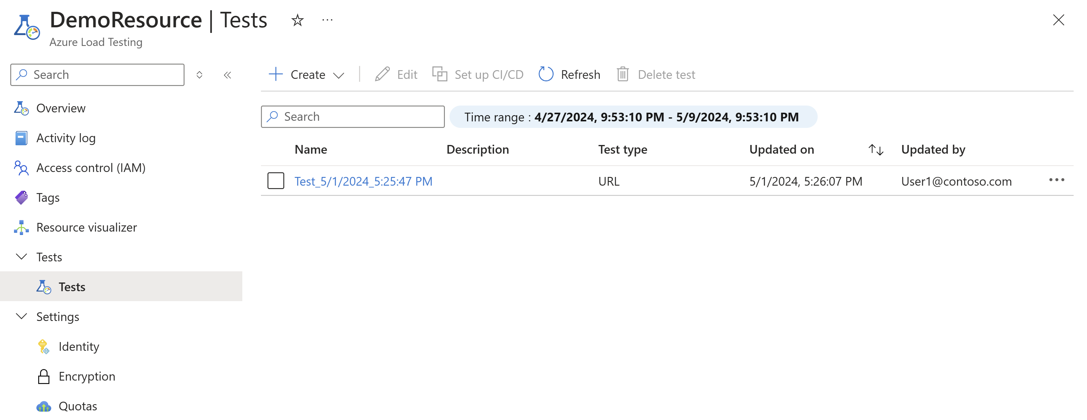 Screenshot that shows the Azure Load Testing page and the button for creating a new test.