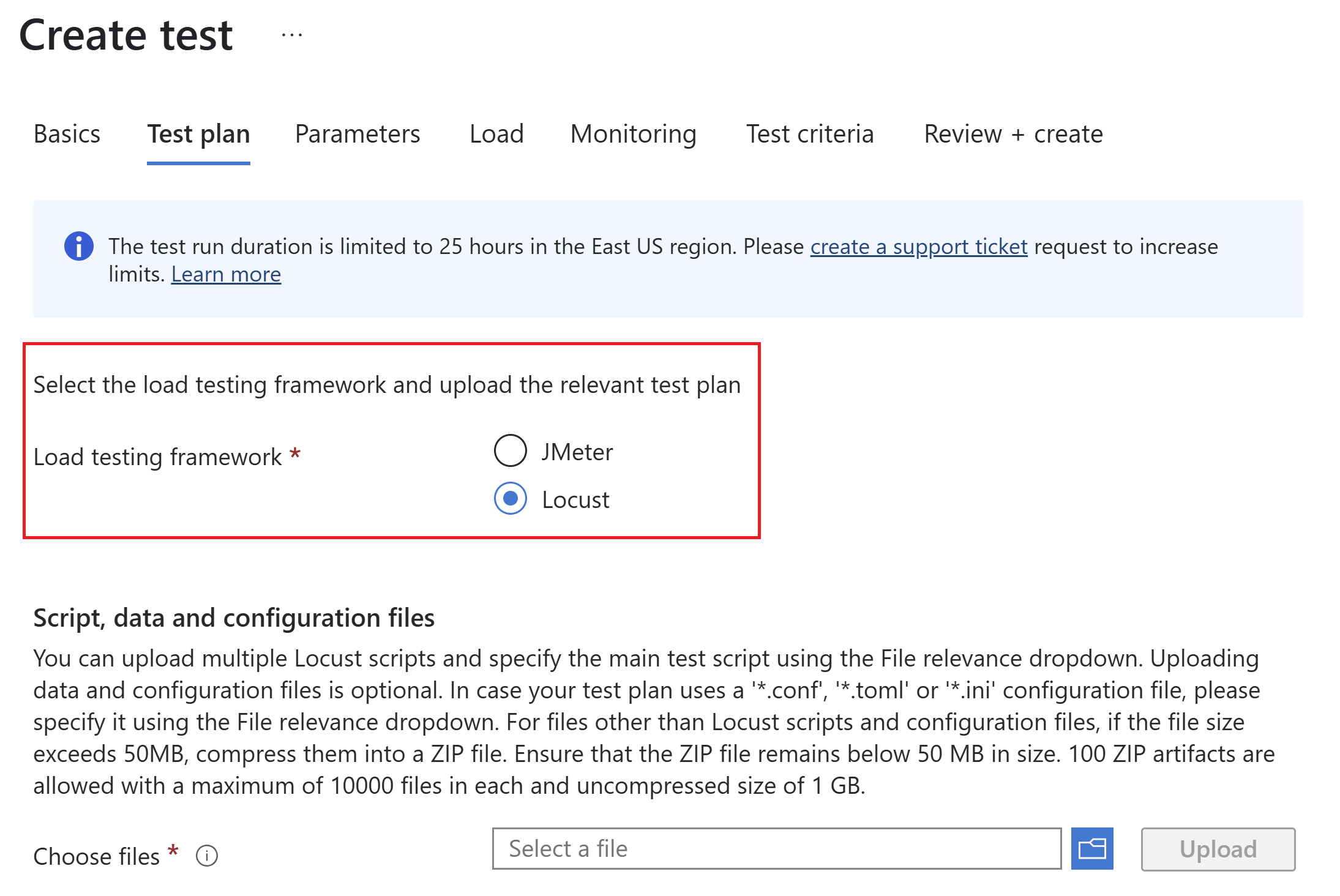 Screenshot that shows the option to select Locust framework.