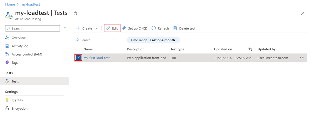 Screenshot that shows the list of tests in the Azure portal, highlighting the Edit button to modify the load test settings.