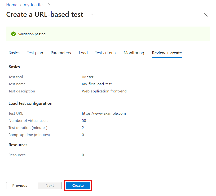 Screenshot that shows the quick test page in the Azure portal, highlighting the option for specifying virtual users.
