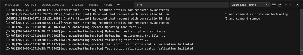 Screenshot that shows the load test progress in VS Code output console.
