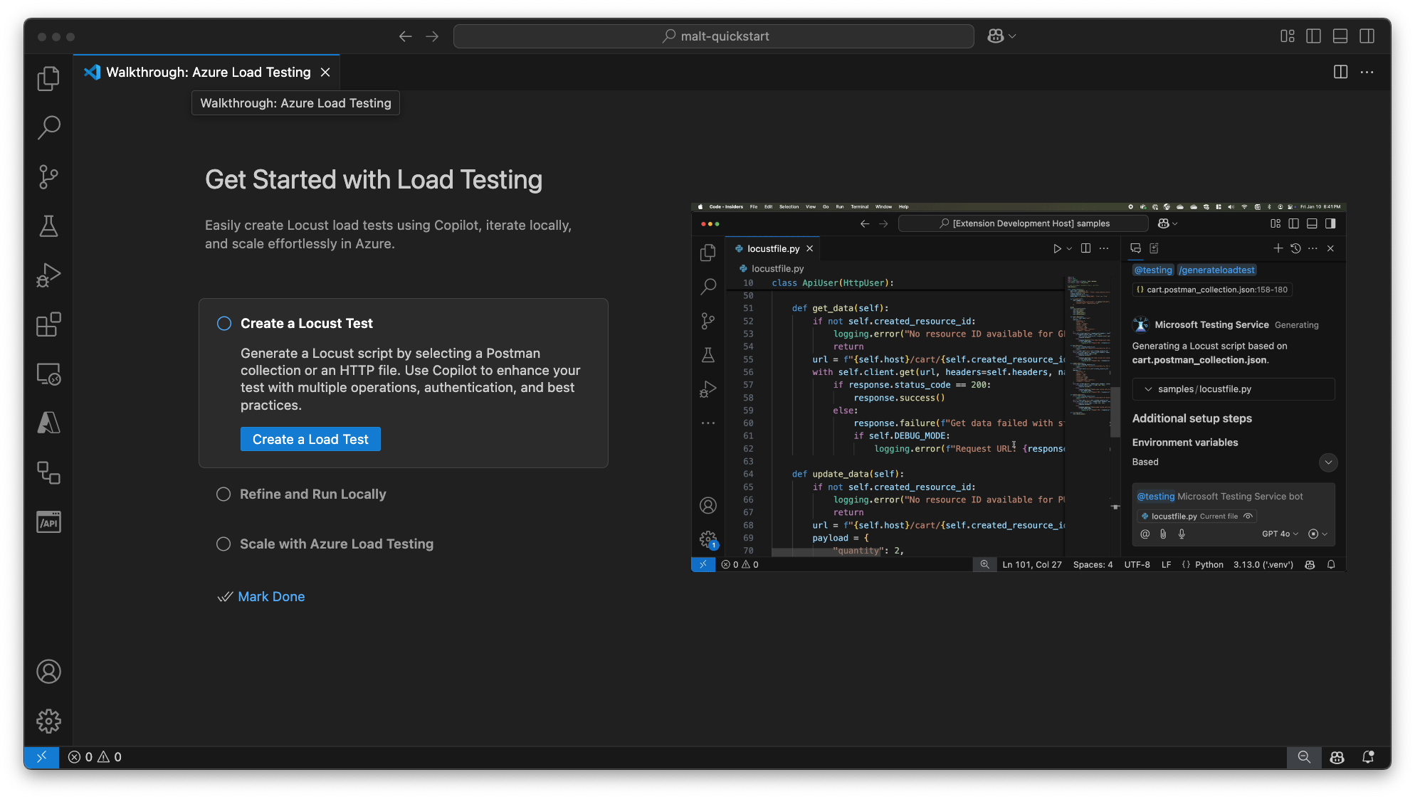 Screenshot that shows the key entry points for the Azure Load Testing VS Code extension.