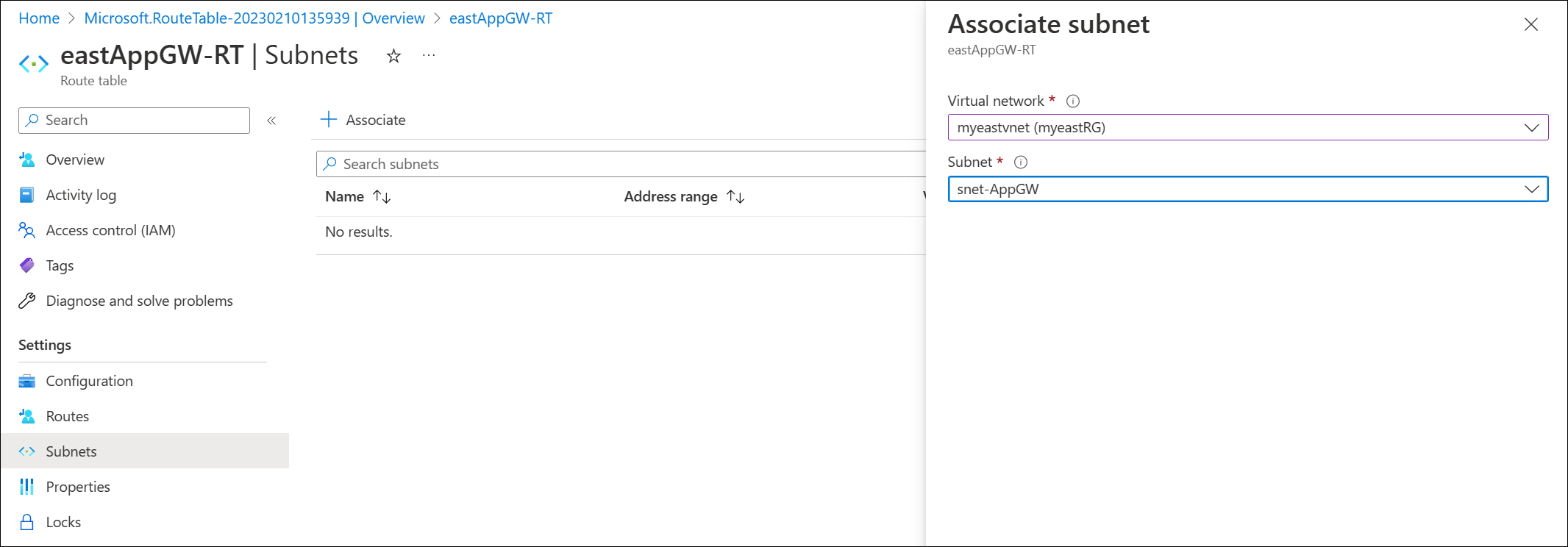 Screenshot of associating the route to the AppGW subnet.