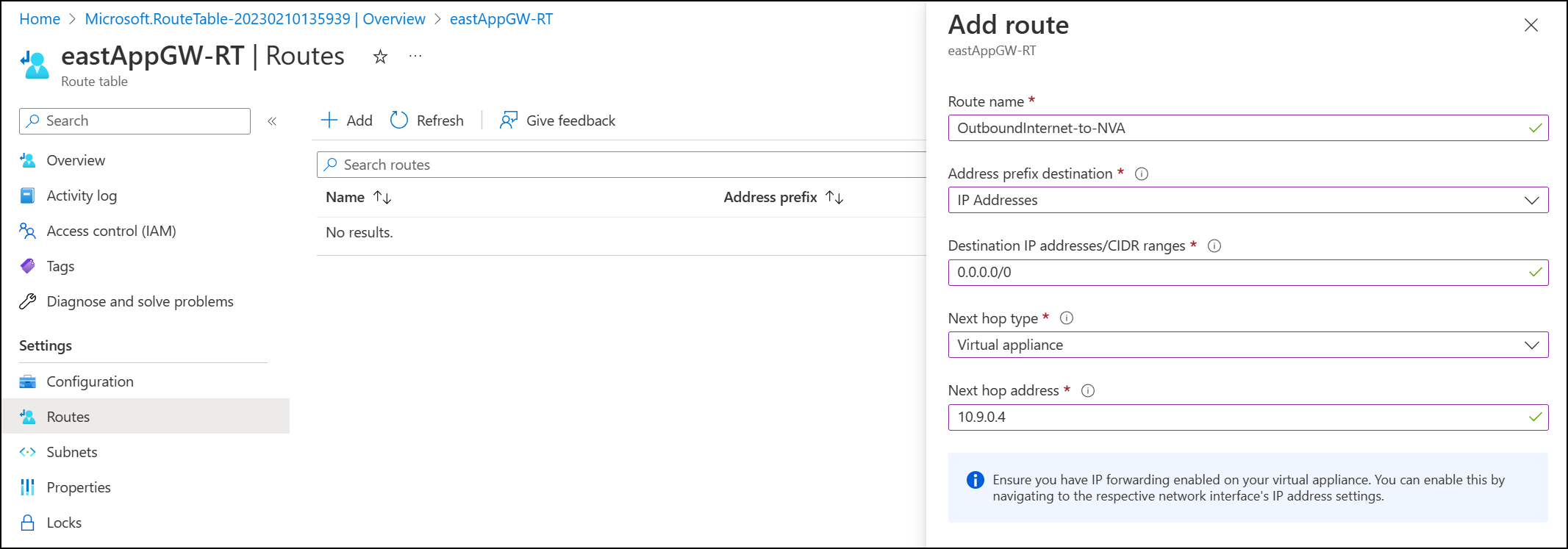 Screenshot of adding default route to network virtual appliance.