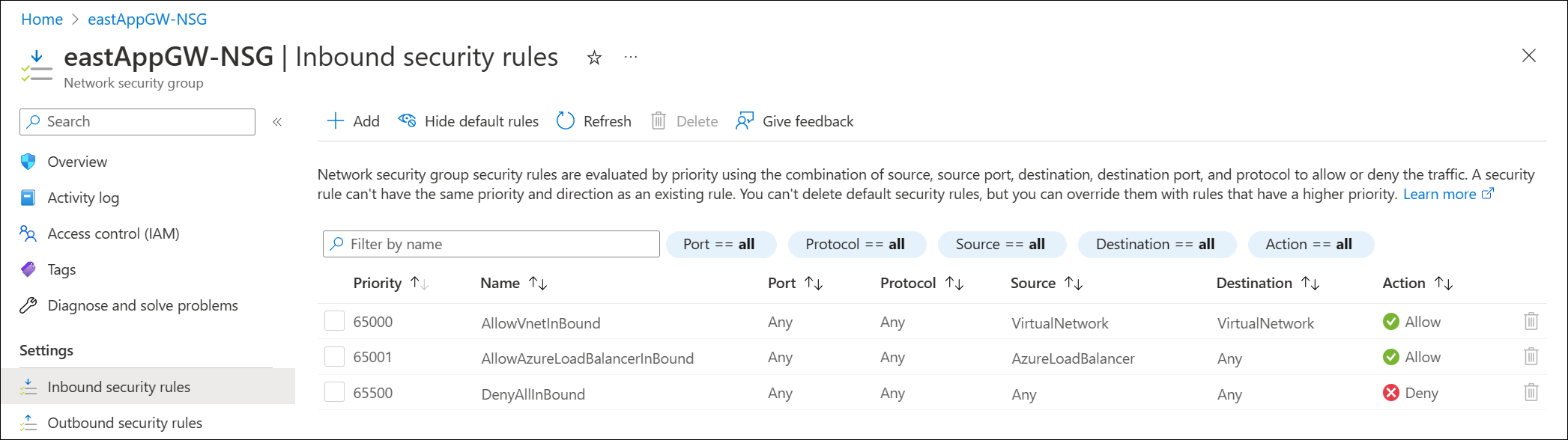 Screenshot of the default security group rules.