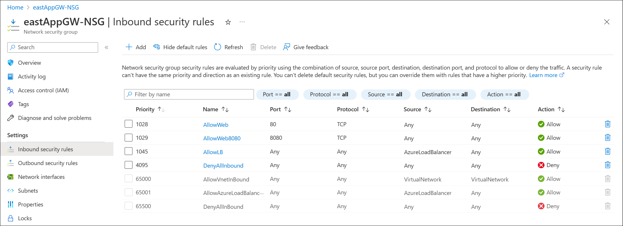 Screenshot of example inbound security group rules.