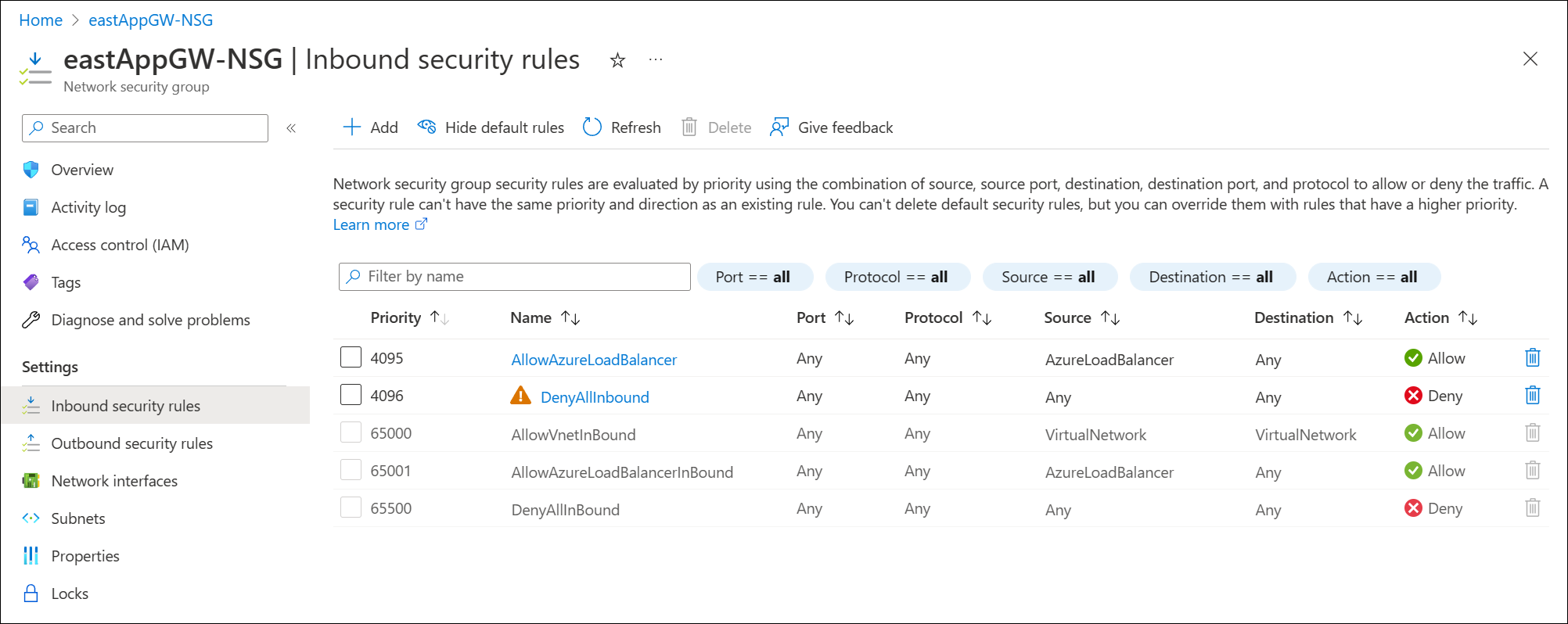 Screenshot of the inbound security group rules.