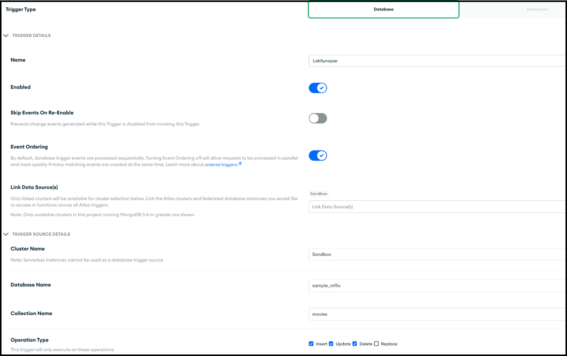 Screenshot that shows the form for creating an Atlas trigger.