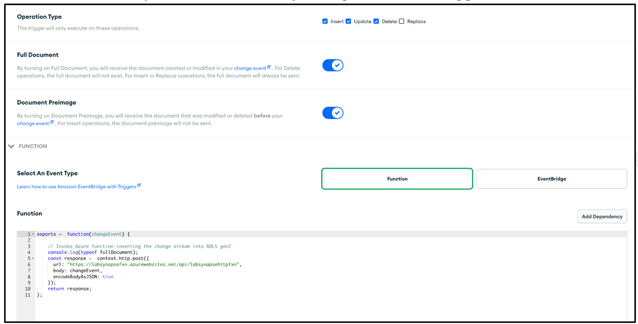 Screenshot that shows JavaScript code added to the trigger.