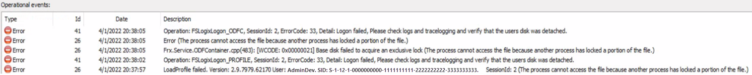 Screenshot that shows the FSLogix diagnostic log.