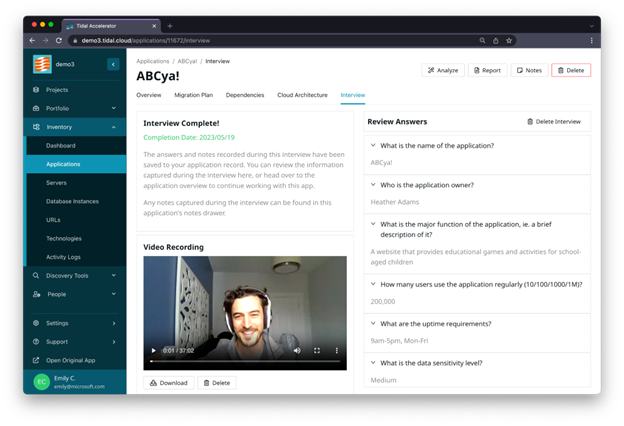 Screenshot of an interview in Tidal Accelerator.