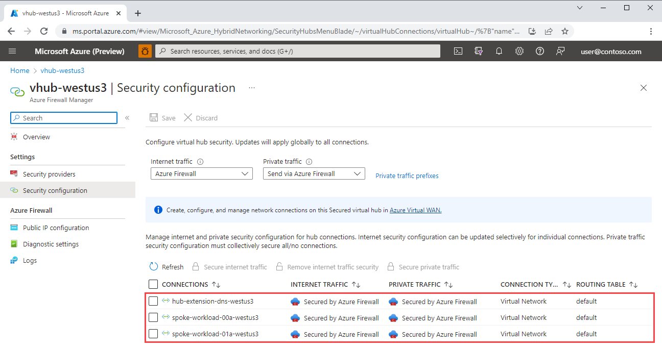 Screenshot of the security configuration for the virtual network connections showing internet and private traffic that Azure Firewall secures.