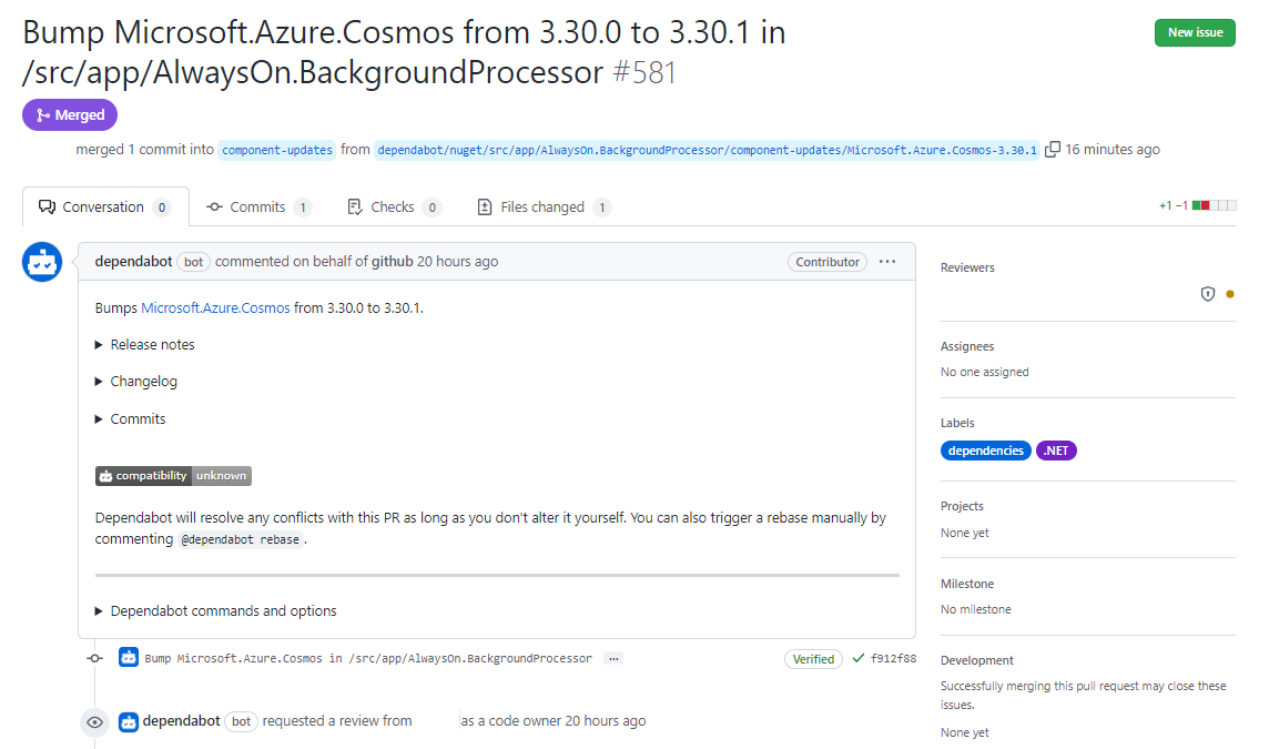 Screenshot of a pull request generated from dependabot.