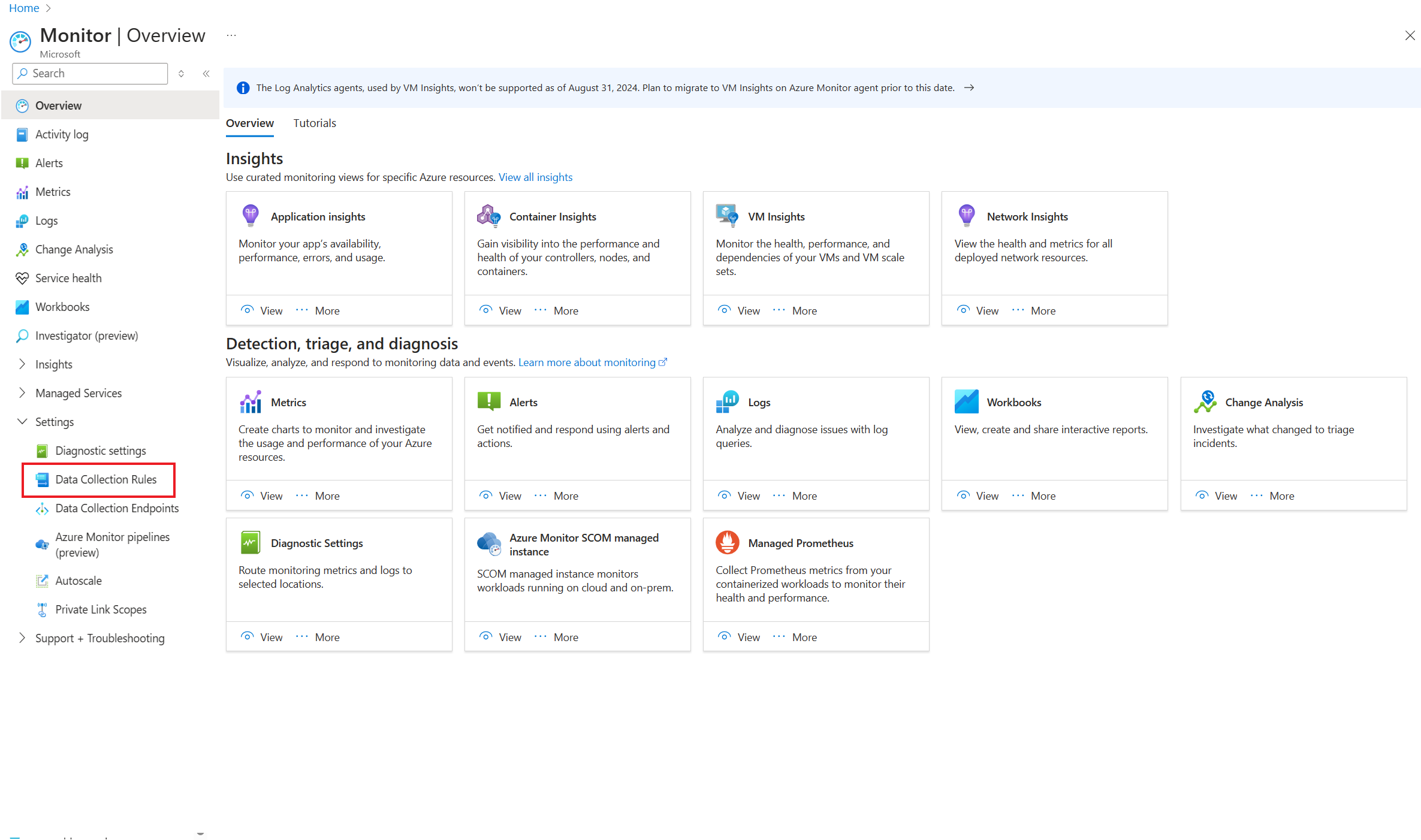 Screenshot showing the menu option to access data collection rules from Azure Monitor.