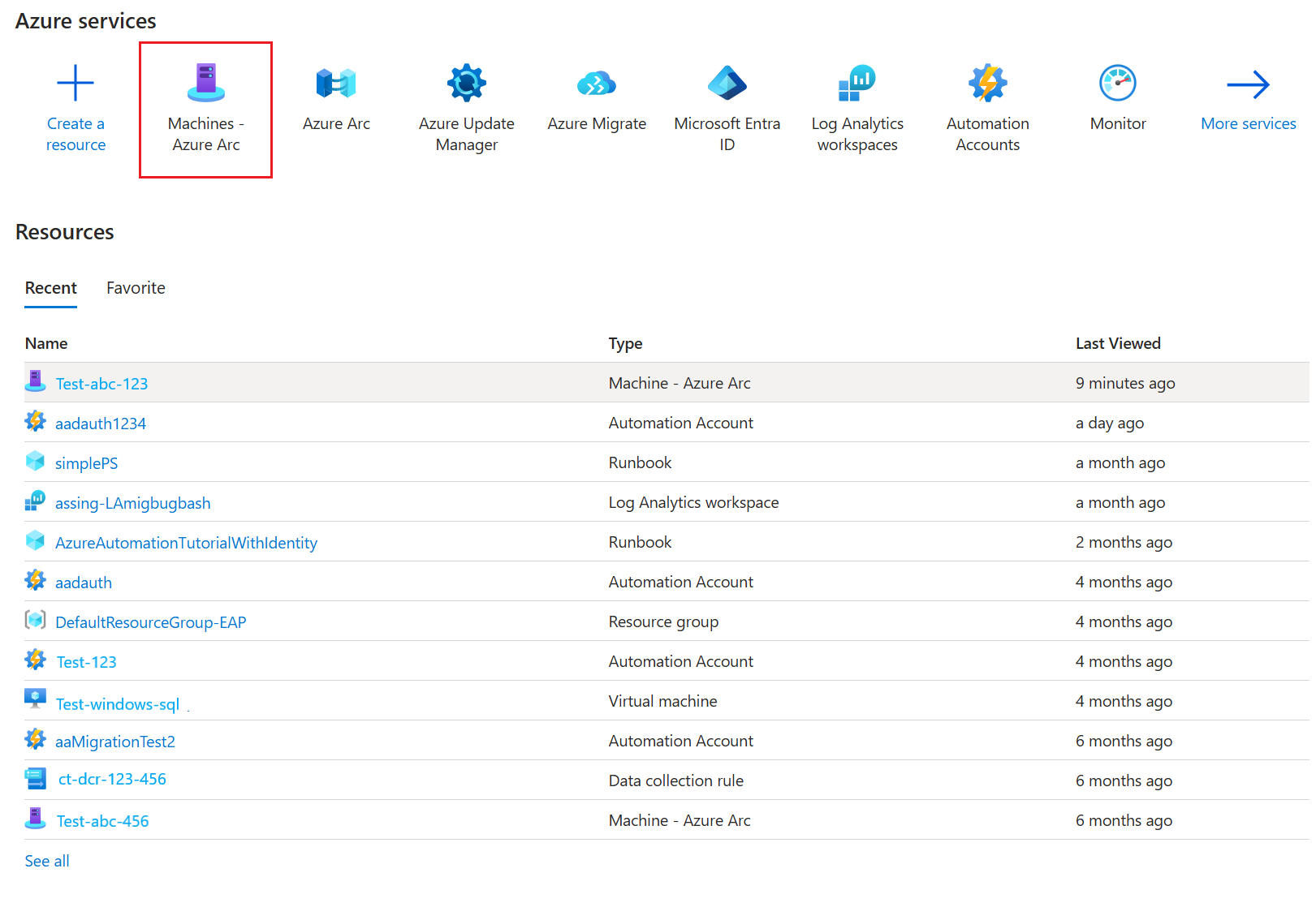 Screenshot showing how to select Azure Arc machines from the portal.