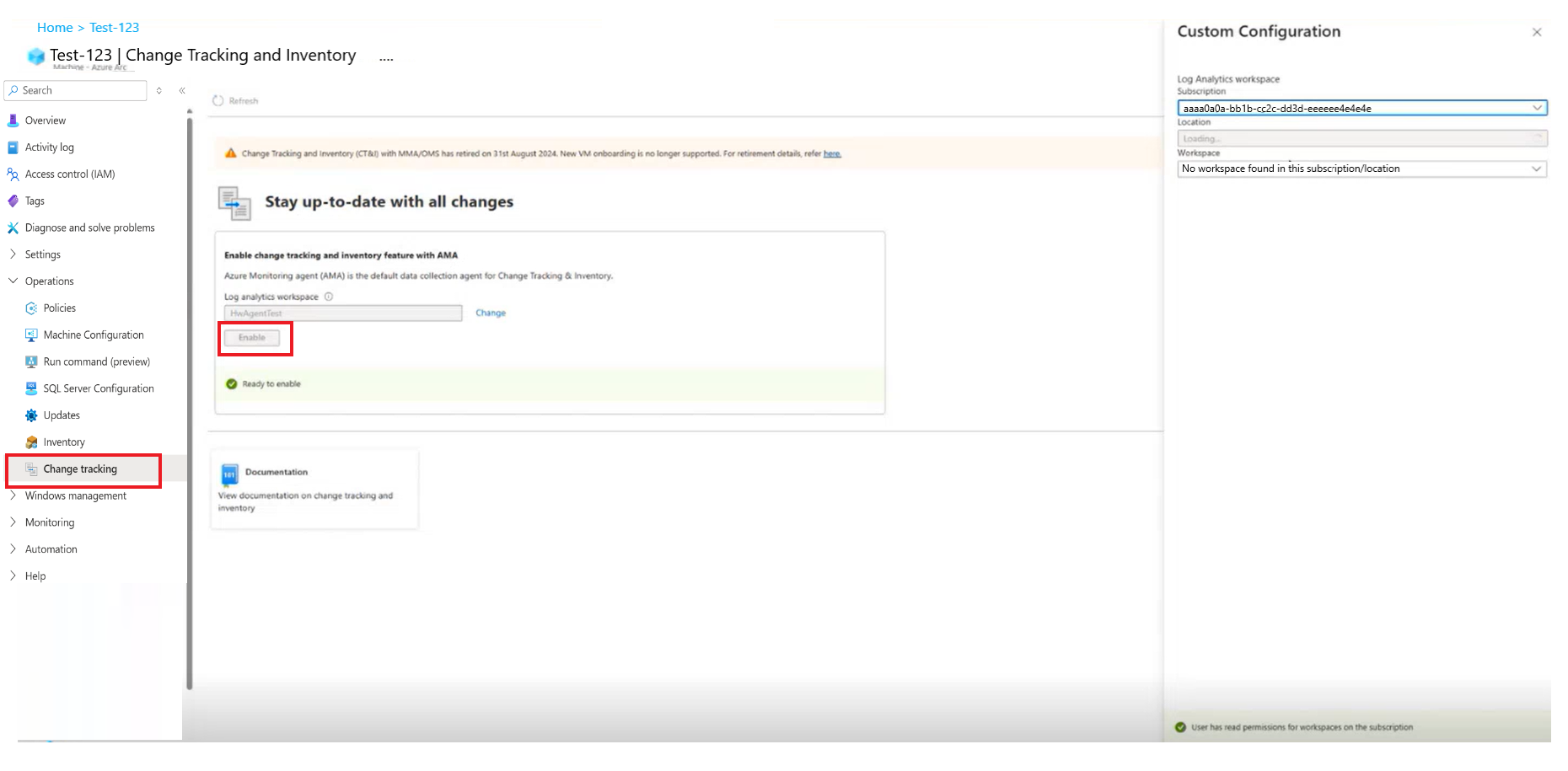 Screenshot showing to select change tracking option for a single Azure arc virtual machine from the portal.