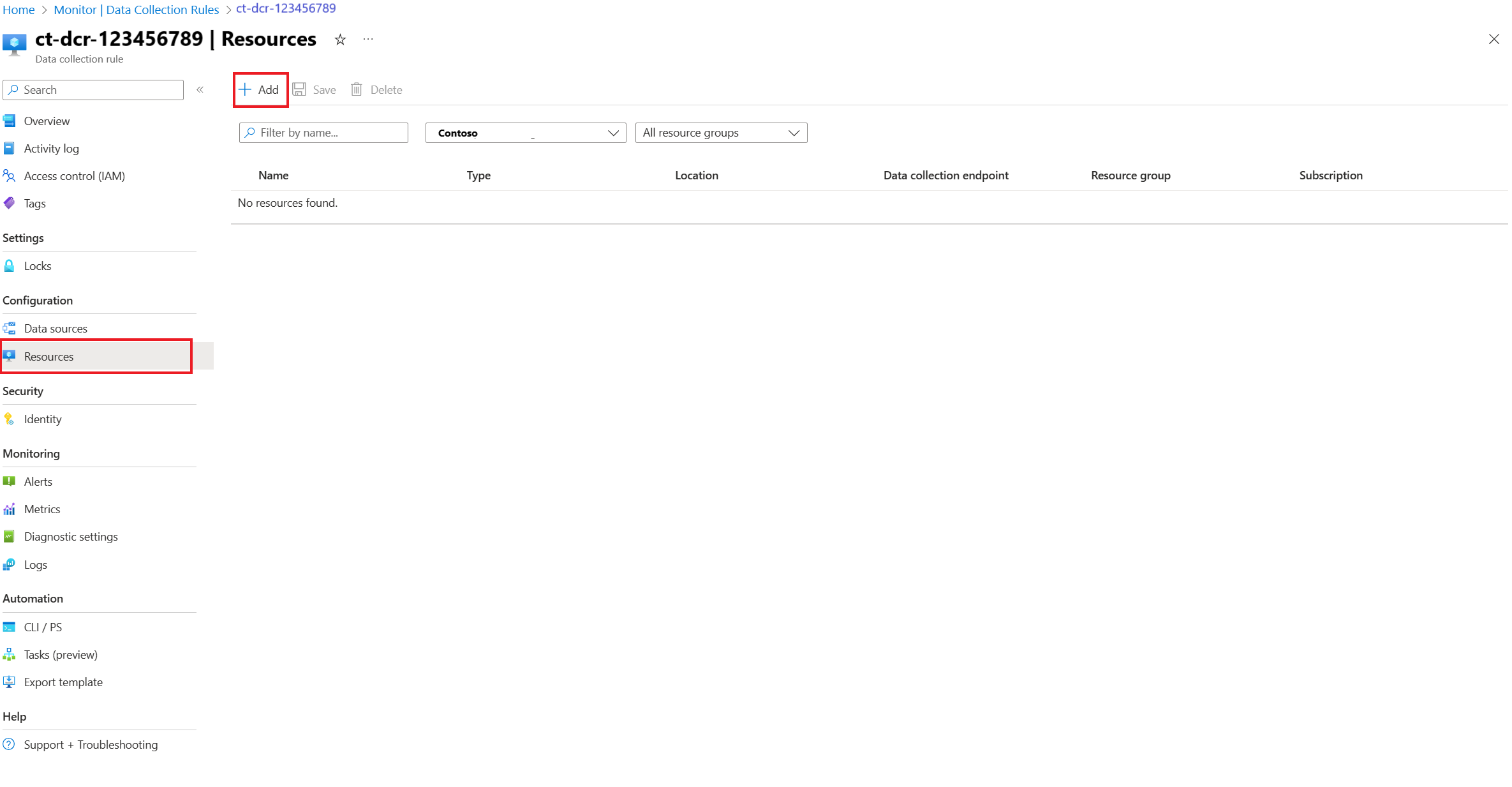 Screenshot showing the menu option to select resources from the data collection rule page.