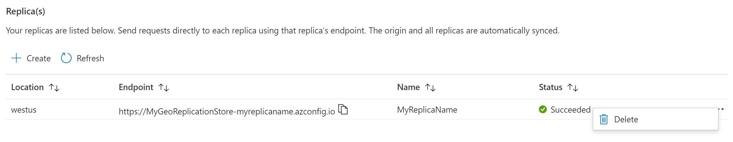 Screenshot showing the three dots on the right of the replica being selected, showing you the delete option.