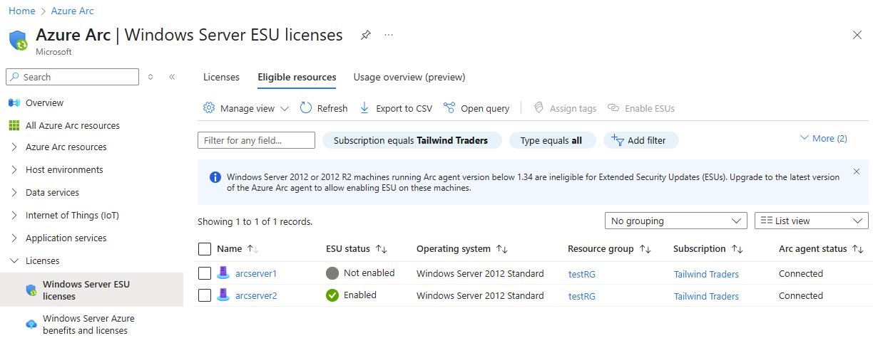 Screenshot of eligible resources tab showing servers eligible to receive ESUs.