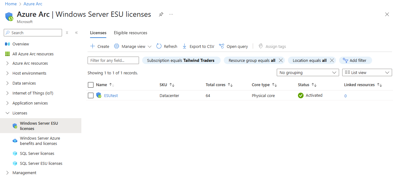 Screenshot of main ESU window showing licenses tab and eligible resources tab.