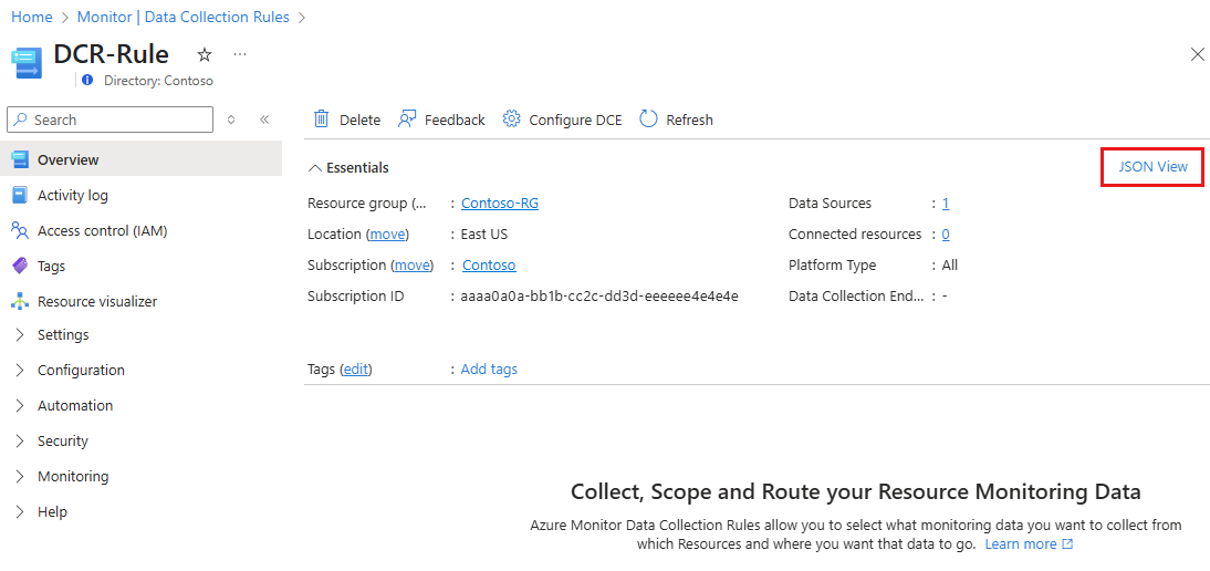 Screenshot of the Overview window for a data collection rule highlighting the JSON view button.