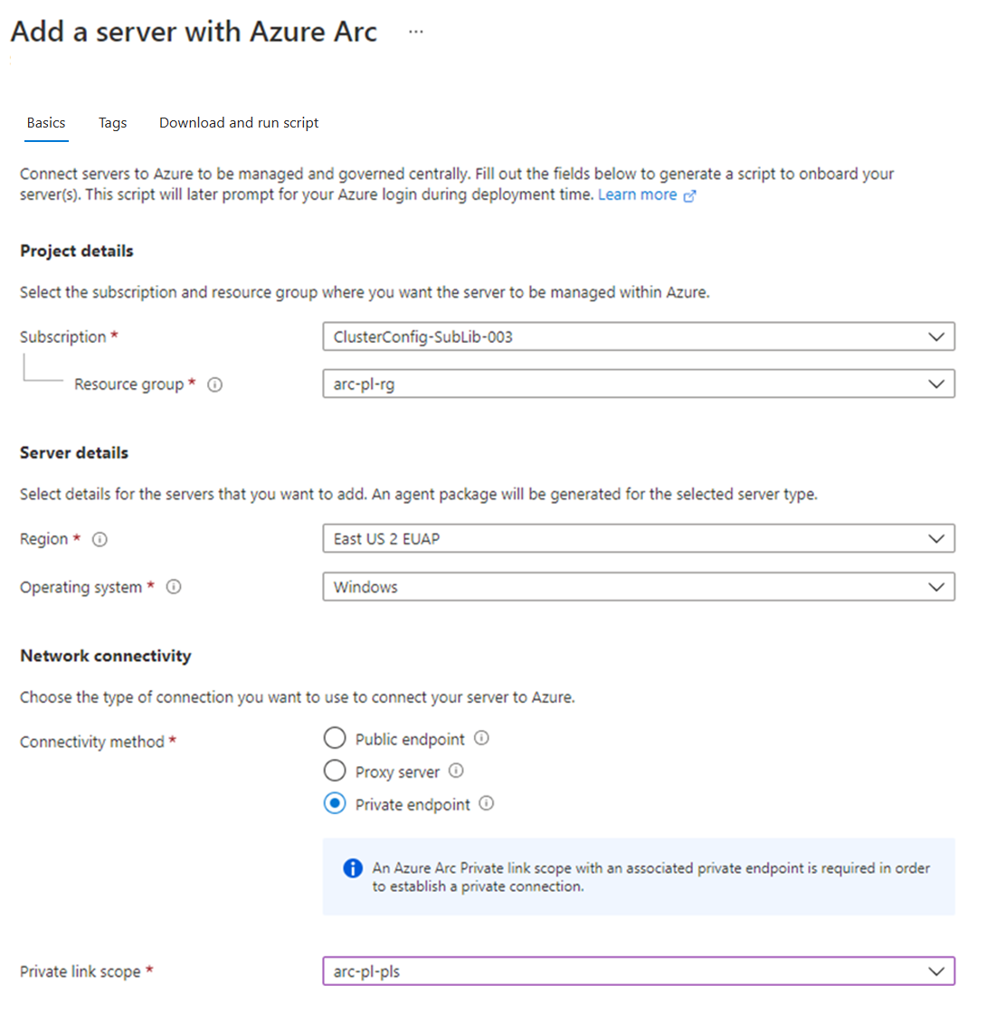 Screenshot that shows selecting the Private endpoint connectivity option.