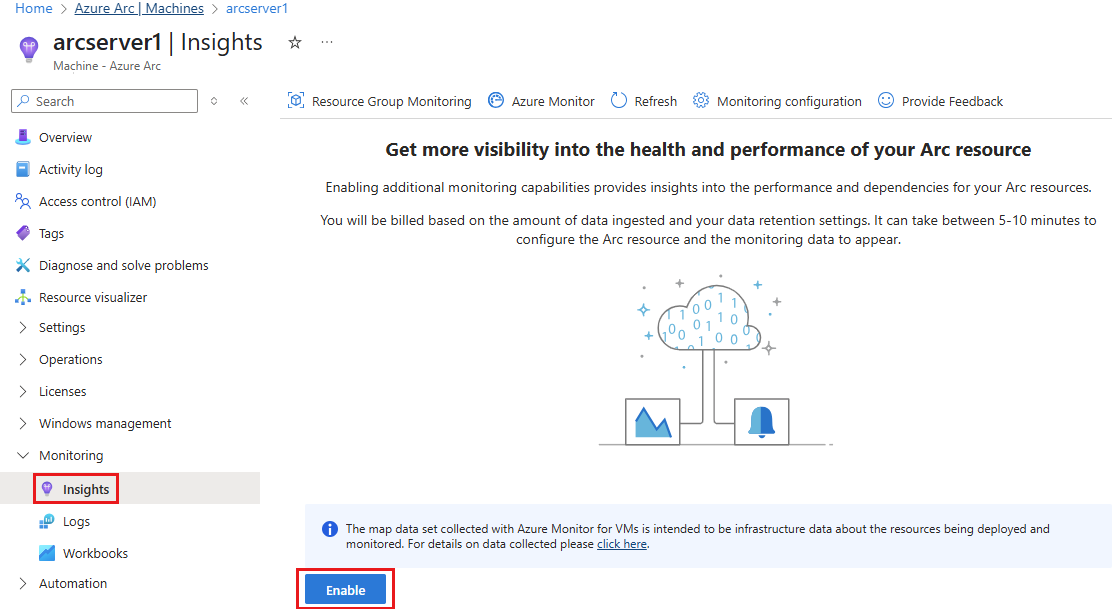 Screenshot of the Insights pane with Enable button.