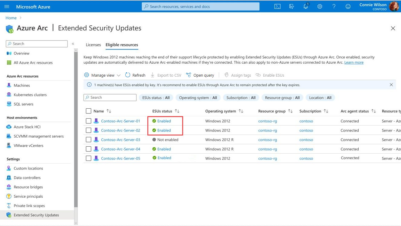 Screenshot of eligible resources tab showing status of enabled for previously selected servers.