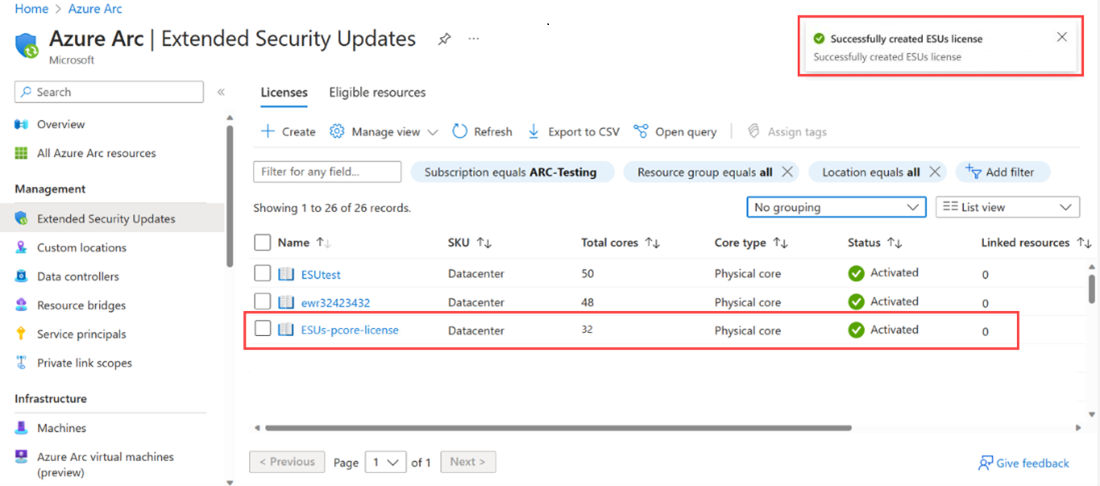 Screenshot showing the successful creation of a new license.
