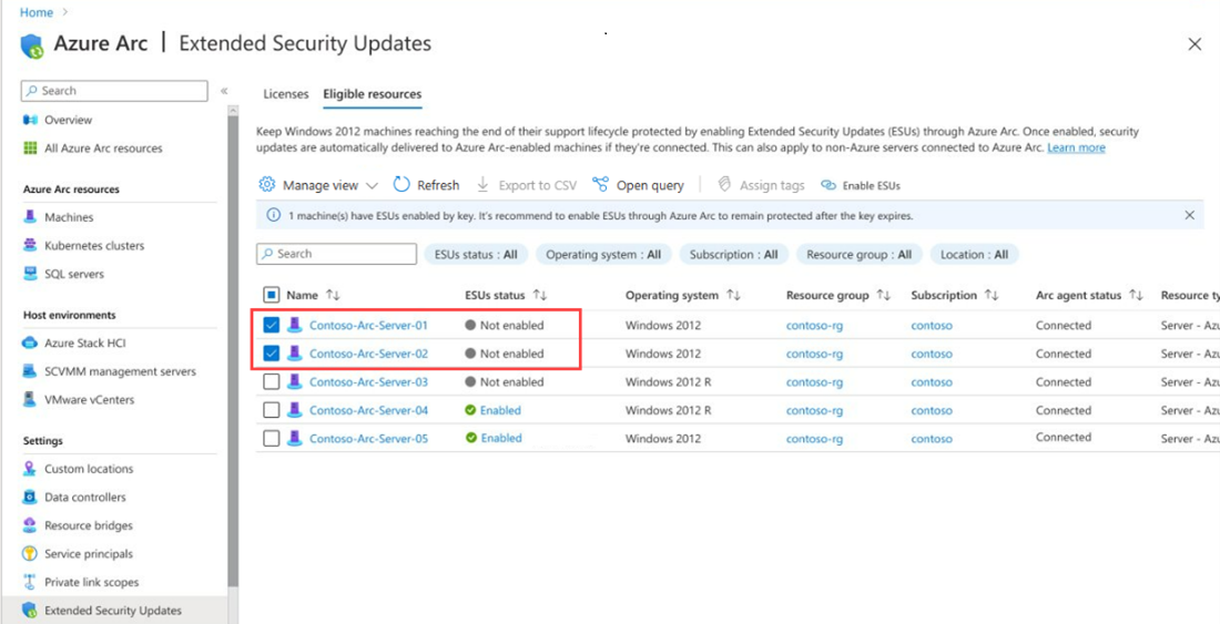 Screenshot of Azure Arc-enabled server machines running Windows Server 2012 and 2012 R2 under the eligible resources tab.