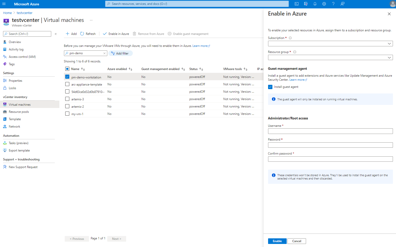 Screenshot of how to enable an existing virtual machine in the Azure portal.