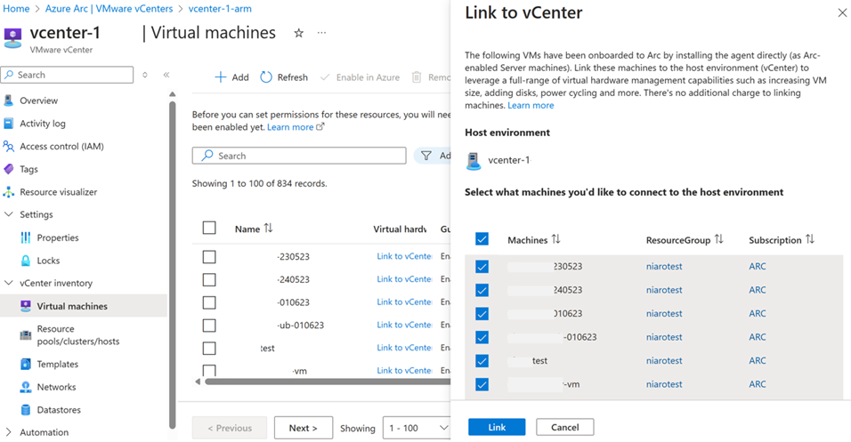 Screenshot that shows the Link to vCenter page.