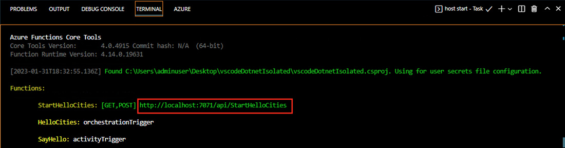 Screenshot of the Azure local output window.